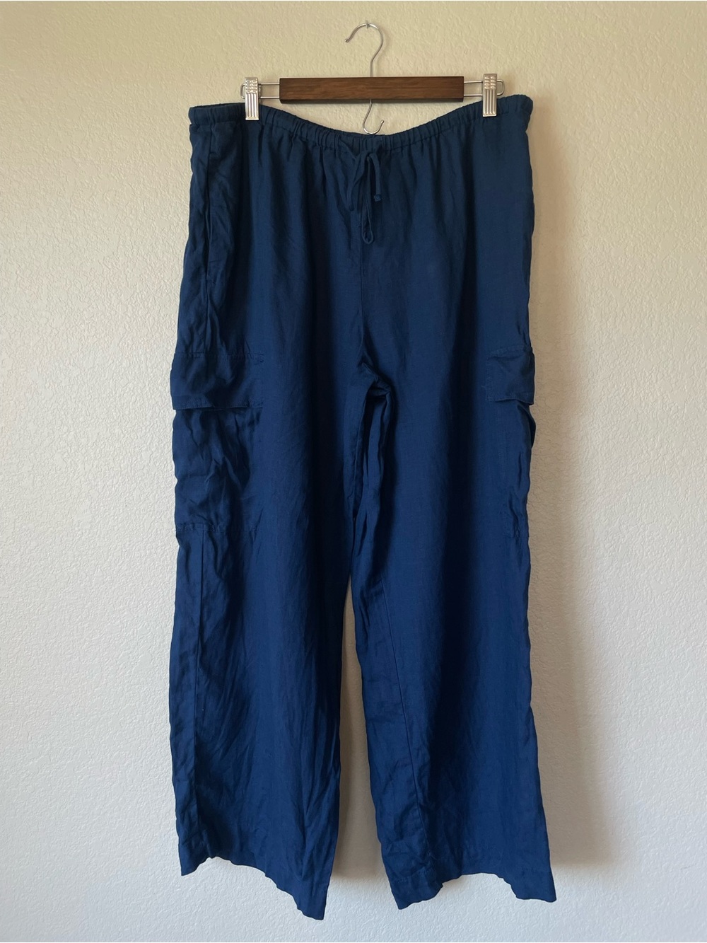 Haven Well Within 100% Linen Navy Cargo Pants Women’s XL Pull-On Relaxed Coastal